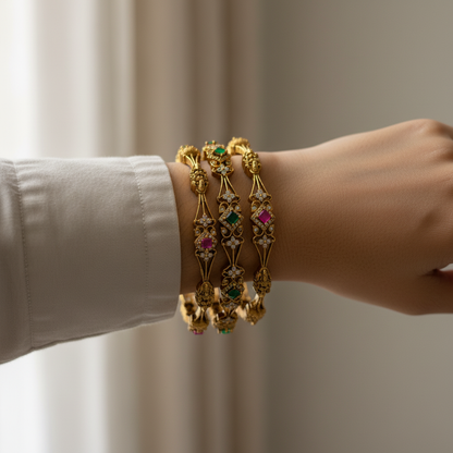 Antique Gold Multi-Stone Bangles with Ruby & Emerald Accents – Traditional CZ Bangle Set (Set of 4)