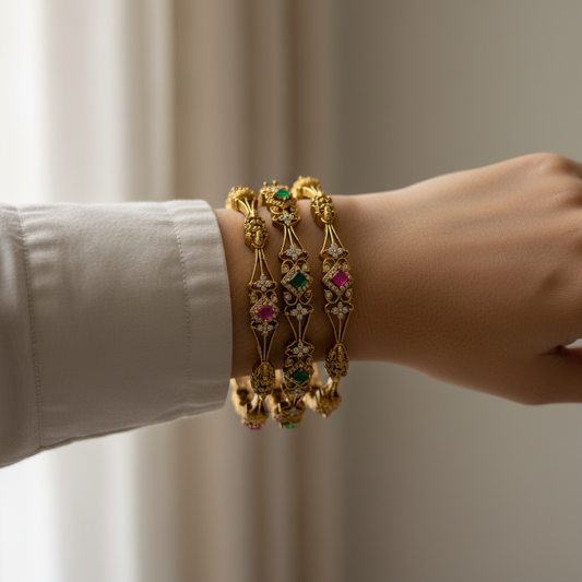 Antique Gold Multi-Stone Bangles with Ruby & Emerald Accents – Traditional CZ Bangle Set (Set of 4)