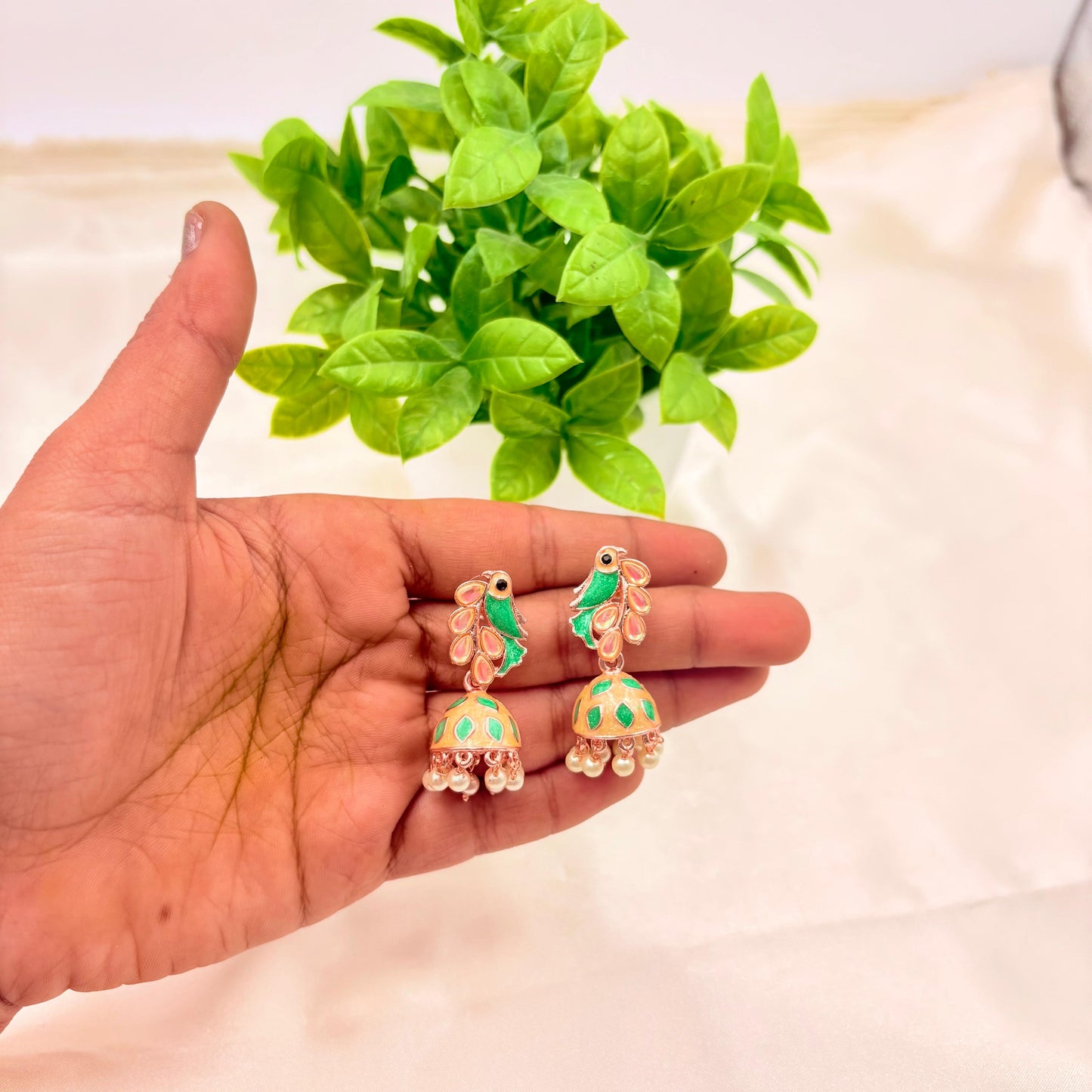 Peacock Motif Green Enamel Jhumka Earrings with Pearl Drops