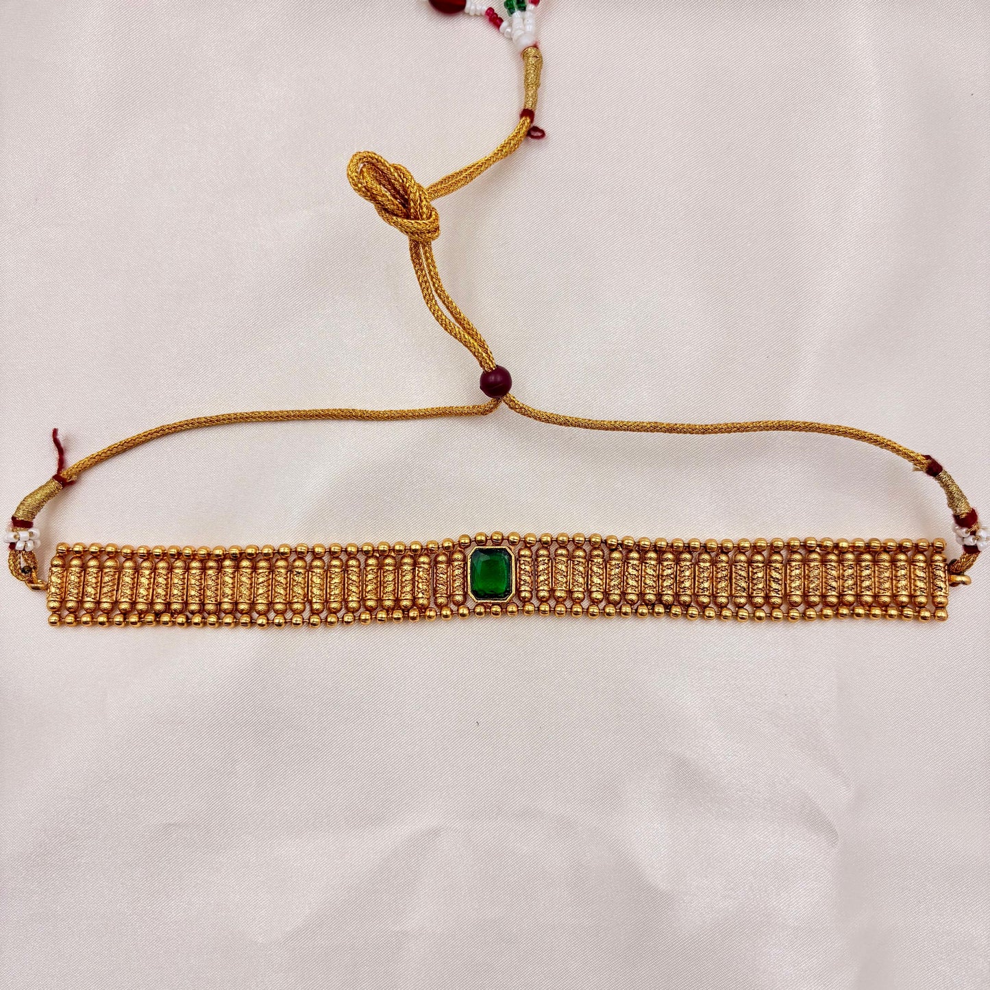 Elegant Gold-Plated Green Stone Choker Set | Minimal Traditional Necklace with Earrings
