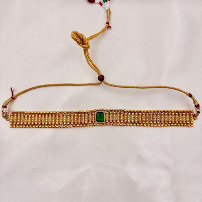 Elegant Gold-Plated Green Stone Choker Set | Minimal Traditional Necklace with Earrings