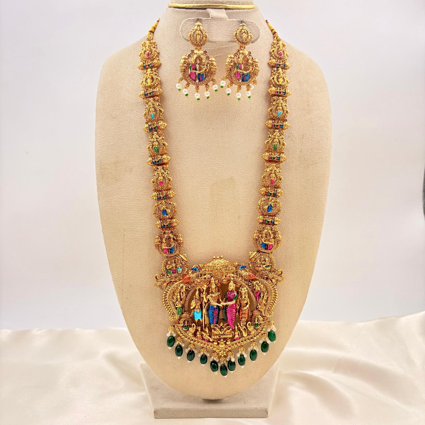Ram Darbar Temple Long Haram Necklace Set with Pearl & Green Beads – Antique Gold Finis