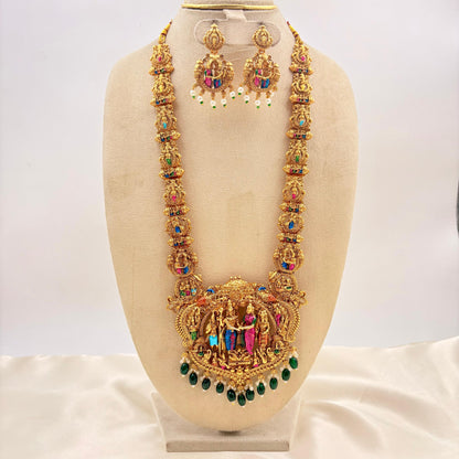 Ram Darbar Temple Long Haram Necklace Set with Pearl & Green Beads – Antique Gold Finis