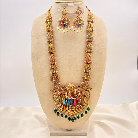 Ram Darbar Temple Long Haram Necklace Set with Pearl & Green Beads – Antique Gold Finis
