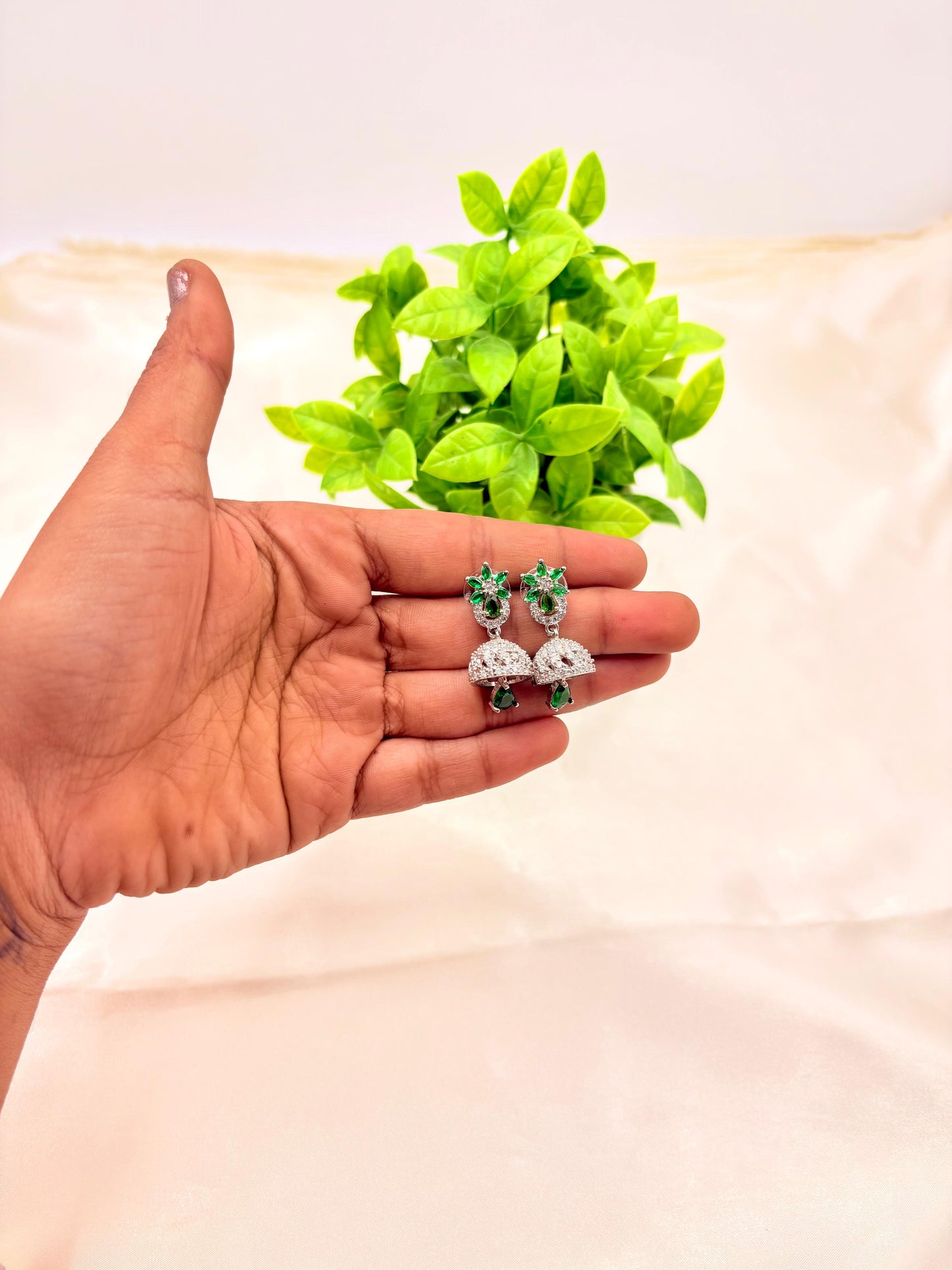 Green Stone Silver Finish Mini Jhumka Earrings
