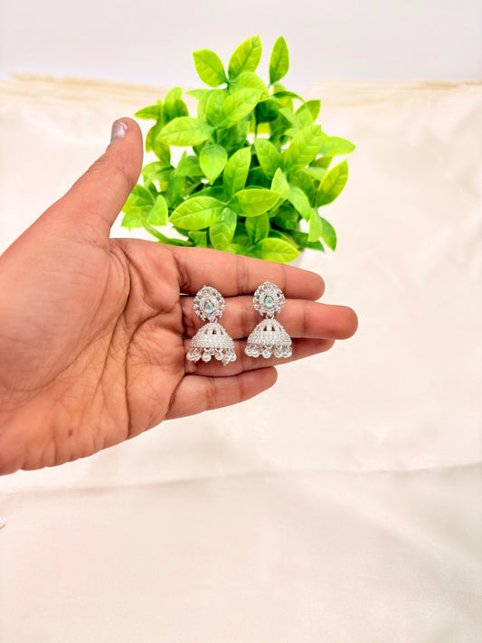 Silver Finish Mint Green Stone Jhumka Earrings with Pearl Drops