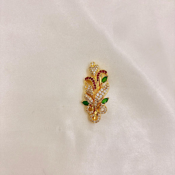 Gold-Plated Designer Peacock Feather Saree Pin with CZ Diamonds, Ruby & Emerald Stones | Saree Brooch