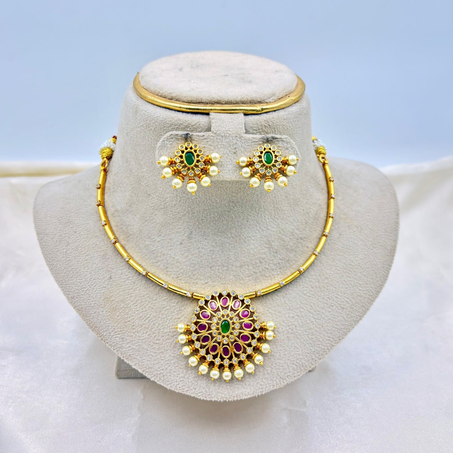 Traditional Kundan Pendant Necklace Set with Green & Pink Stones – Gold Finish