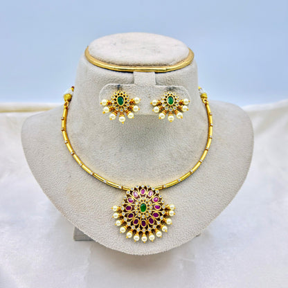 Traditional Kundan Pendant Necklace Set with Green & Pink Stones – Gold Finish