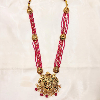 Antique Gold Finish Lakshmi Temple Long Necklace with Pink Beads & Jhumka Earrings