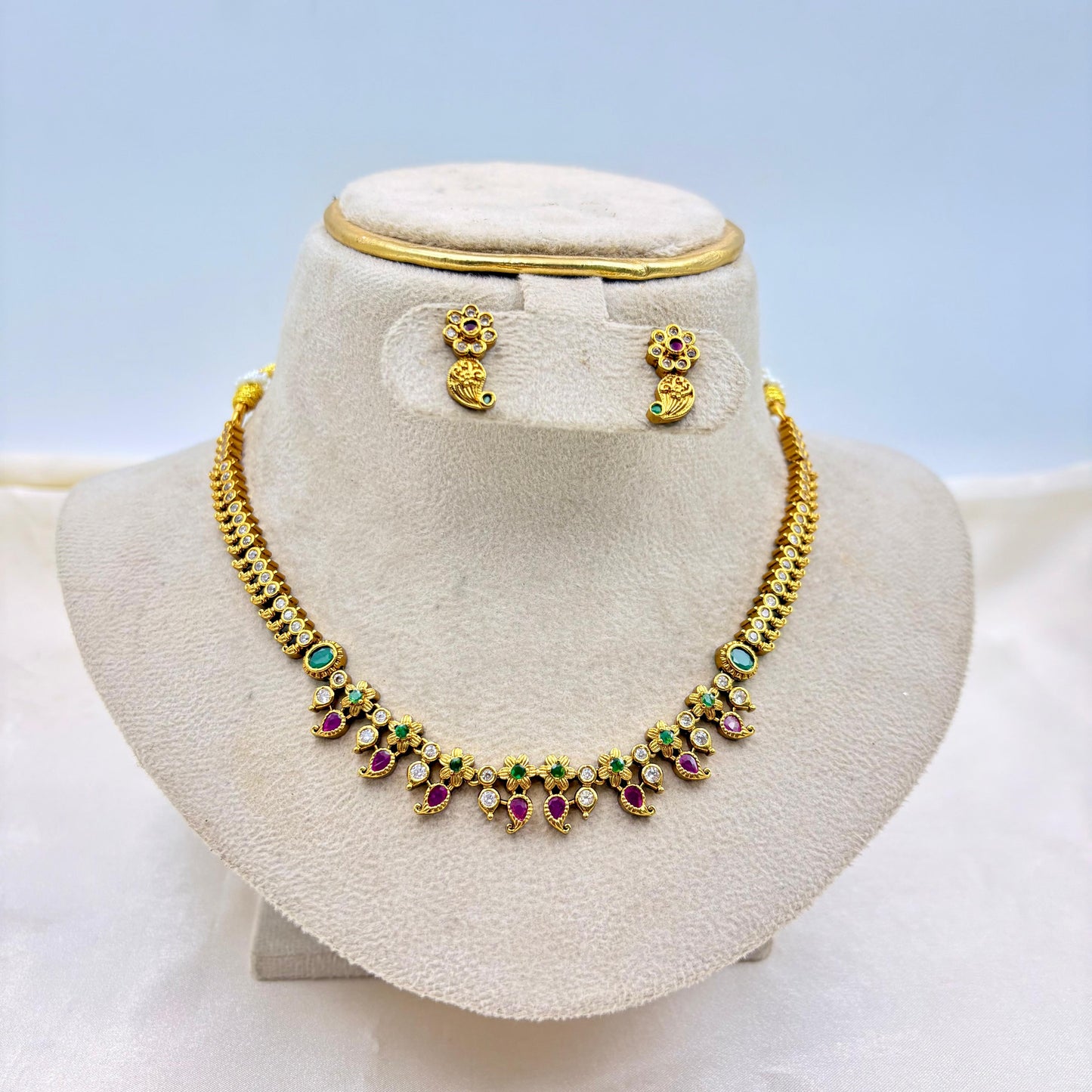 Antique Gold Finish Floral Necklace Set with Green & Pink Stones