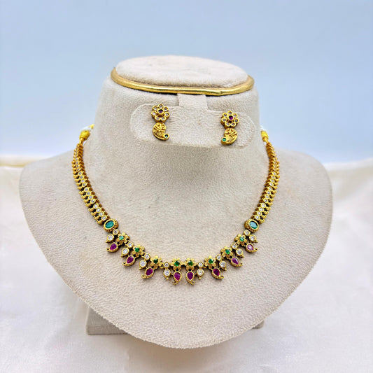 Antique Gold Finish Floral Necklace Set with Green & Pink Stones