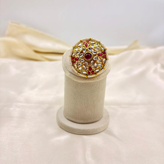 Round Floral Kundan Adjustable Finger Ring – Red & White