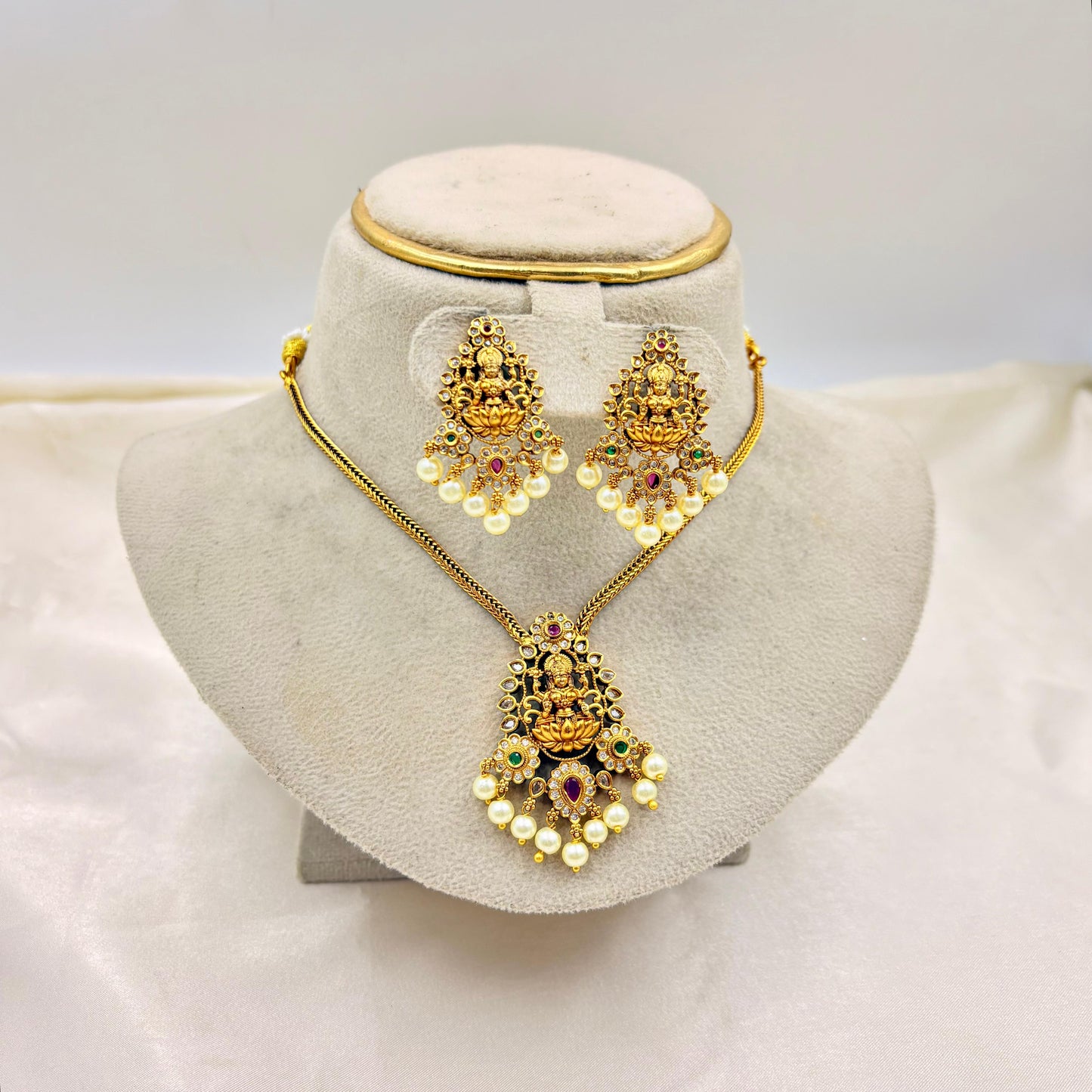 Antique Gold Lakshmi Temple Necklace Set with Pearl Drops