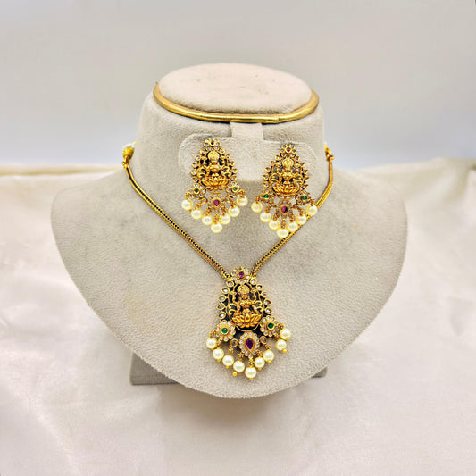 Antique Gold Lakshmi Temple Necklace Set with Pearl Drops