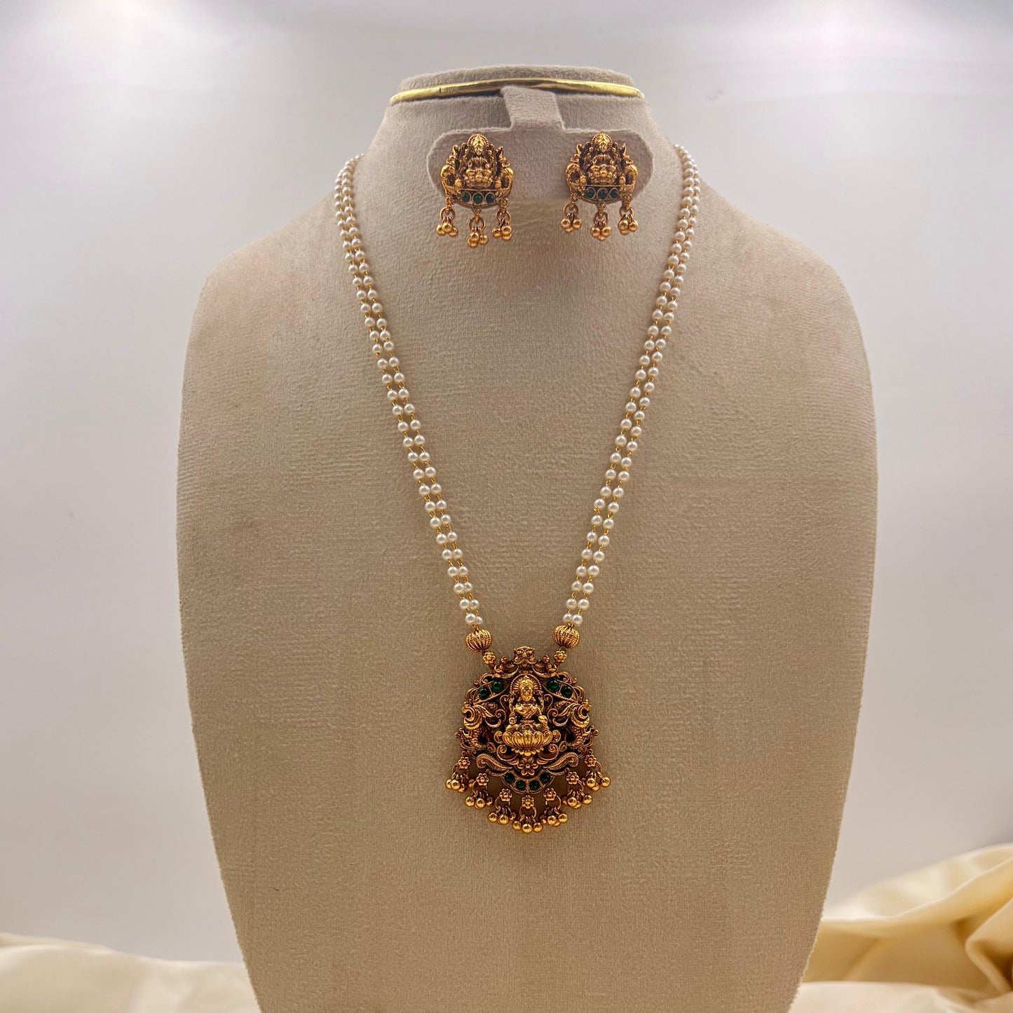 Double Line Pearl Lakshmi Temple Necklace Set