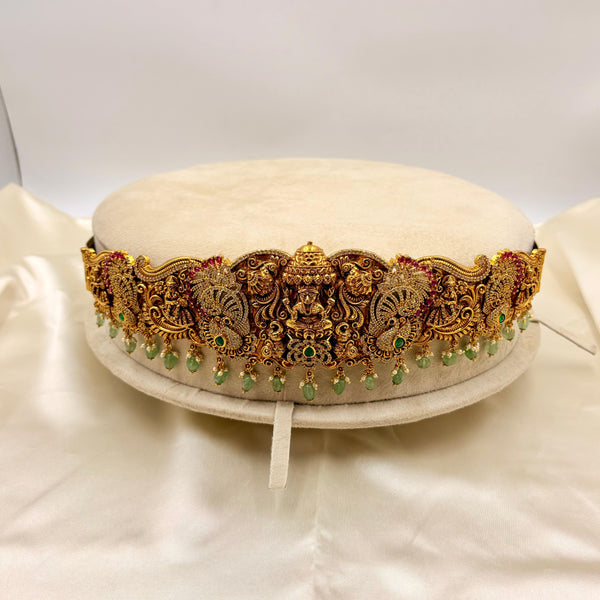 Antique Temple Lakshmi Vaddanam | Bridal Waist Belt with Green Beads & Ruby Stones