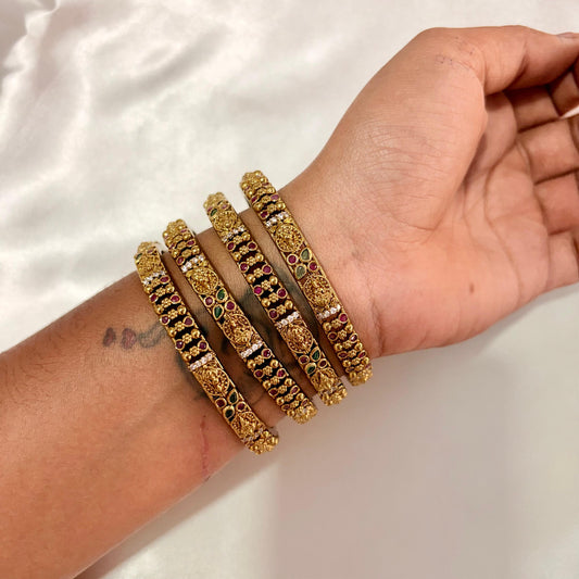 Antique Temple Design Bangles Set (Set of 4) – Ruby & Emerald Stone Traditional Kada Stack