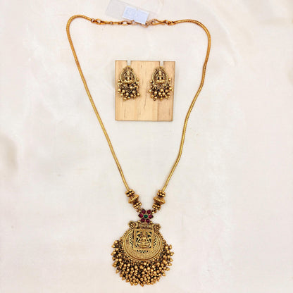 Antique Gold Lakshmi Temple Necklace with Bead Pendant & Matching Earrings