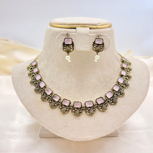 Antique Gold Finish Pink Stone Statement Necklace Set with Pearl Drops
