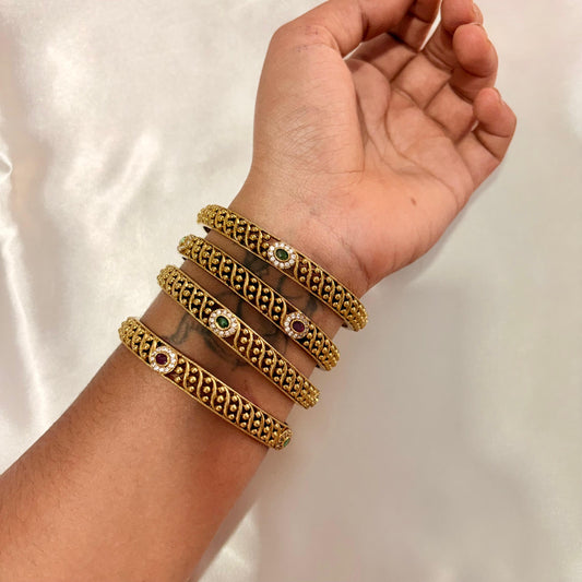 Antique Filigree Stone Kada Bangles (Set of 4) – Ruby & Emerald Accents