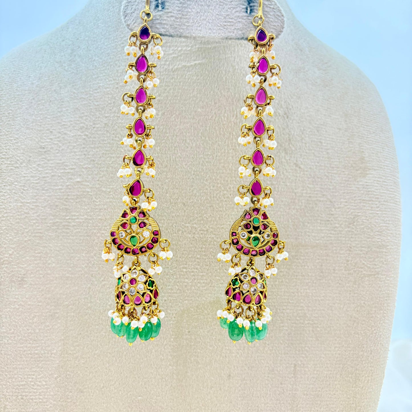 Traditional Kemp Stone Long Jhumka Earrings with Pearl & Green Bead Drops – Antique Gold Finish