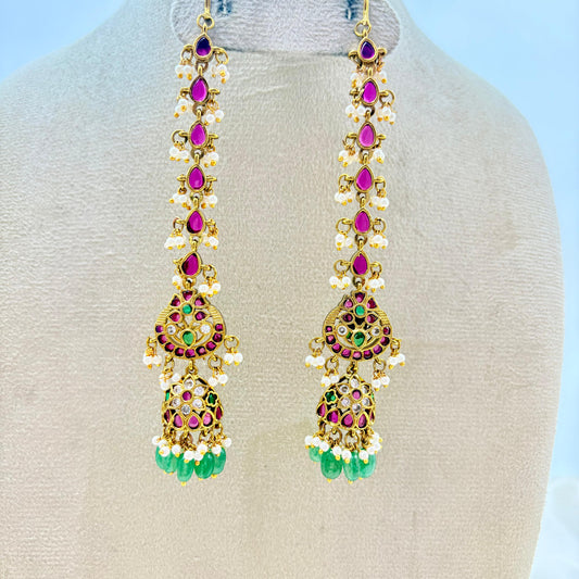 Traditional Kemp Stone Long Jhumka Earrings with Pearl & Green Bead Drops – Antique Gold Finish