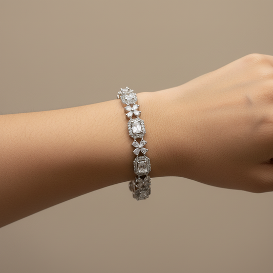 Premium Silver CZ Bangles – Emerald-Cut & Floral Stone Designer Bangle Set