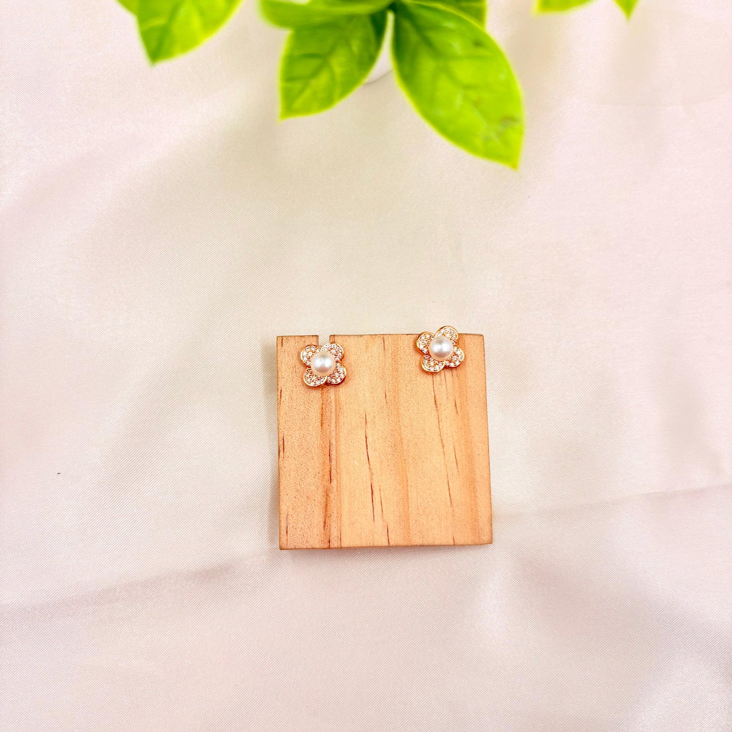 Rose Gold Finish Pearl Floral Stud Earrings