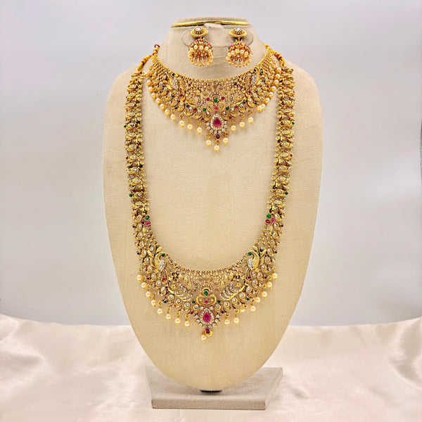 Royal Bridal Kundan Necklace Set with Ruby-Emerald Stones & Vaddanam (Complete Wedding Set)