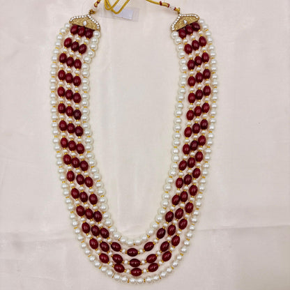 Classic Multi-Layer Pearl & Maroon Bead Necklace – Traditional Bridal Mala