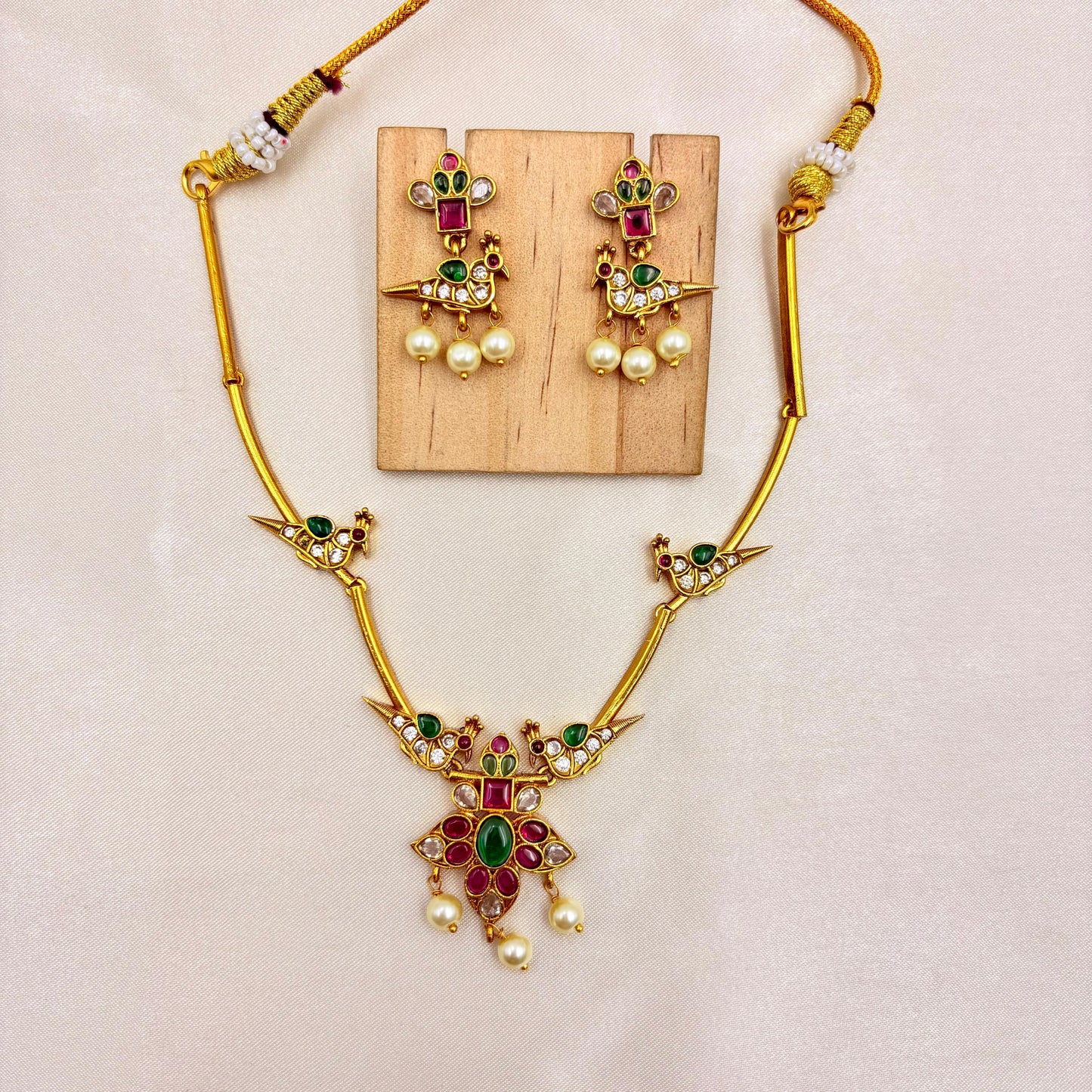 Gold Finish Peacock Motif Necklace Set with Pearl Drops