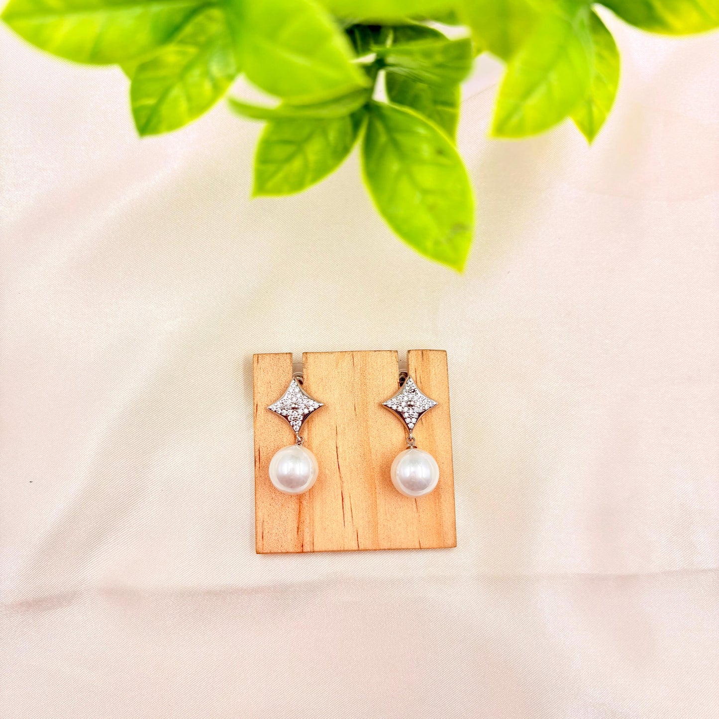 Silver Finish CZ Diamond Stud Pearl Drop Earrings