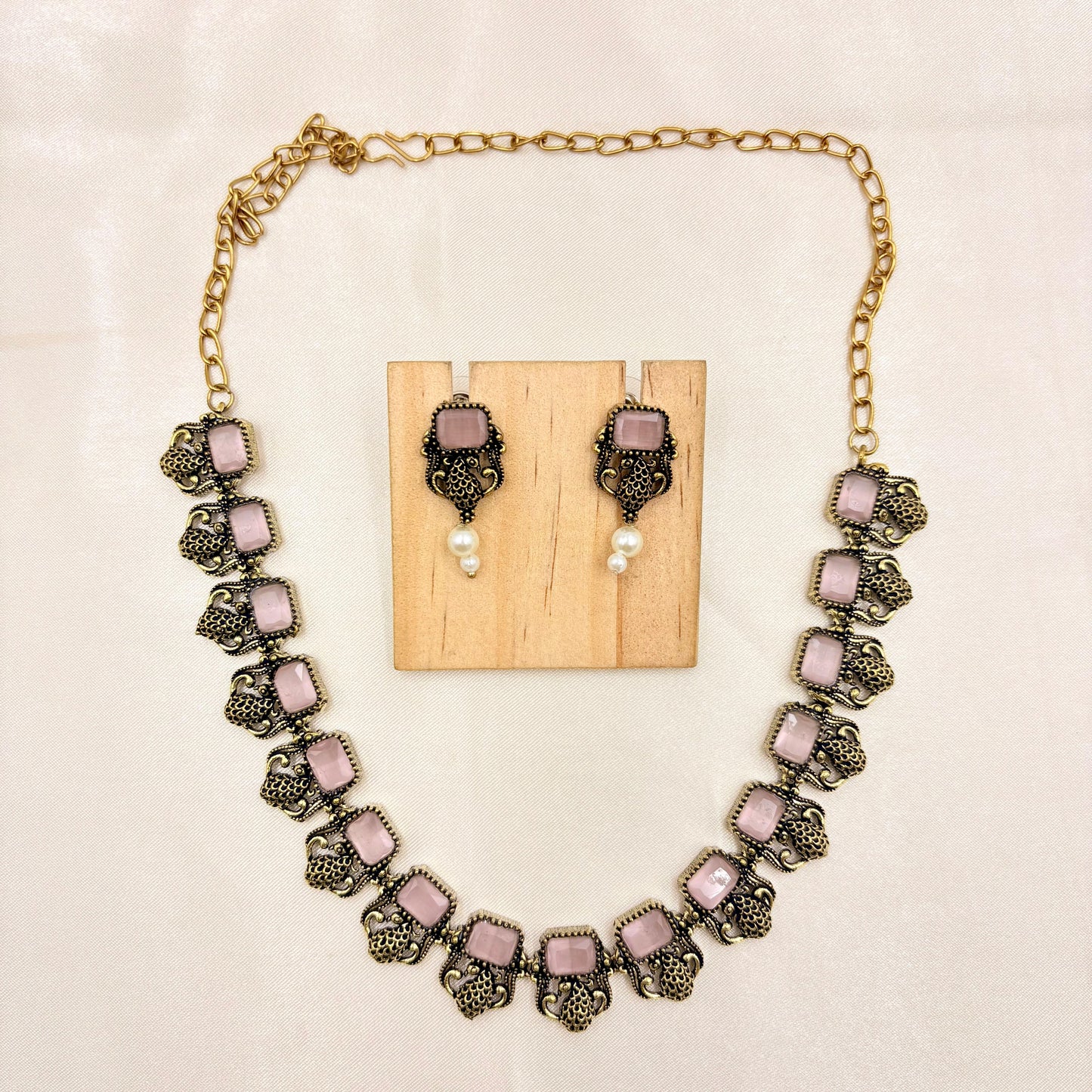 Antique Gold Finish Pink Stone Statement Necklace Set with Pearl Drops