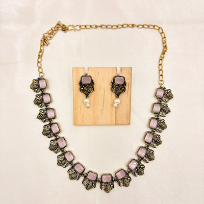 Antique Gold Finish Pink Stone Statement Necklace Set with Pearl Drops