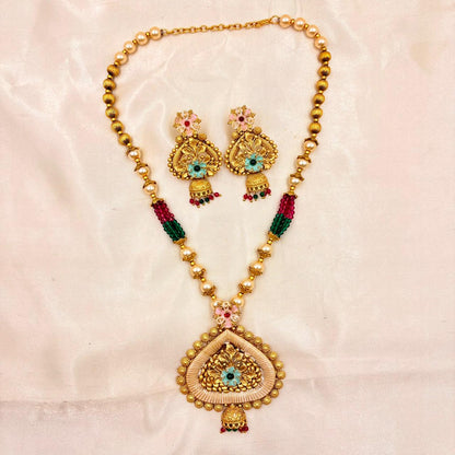 Antique Gold Temple Necklace Set with Matching Earrings – Red & Green Bead Detailing