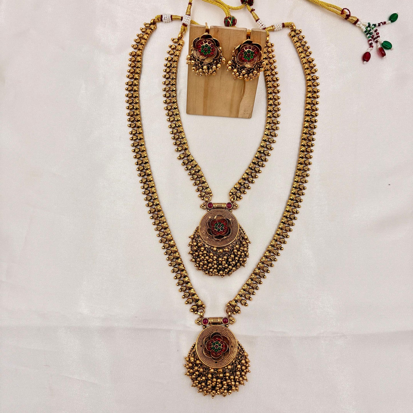 Antique Gold Dual Long Haram Necklace Set with Coin Pendant & Stud Earrings