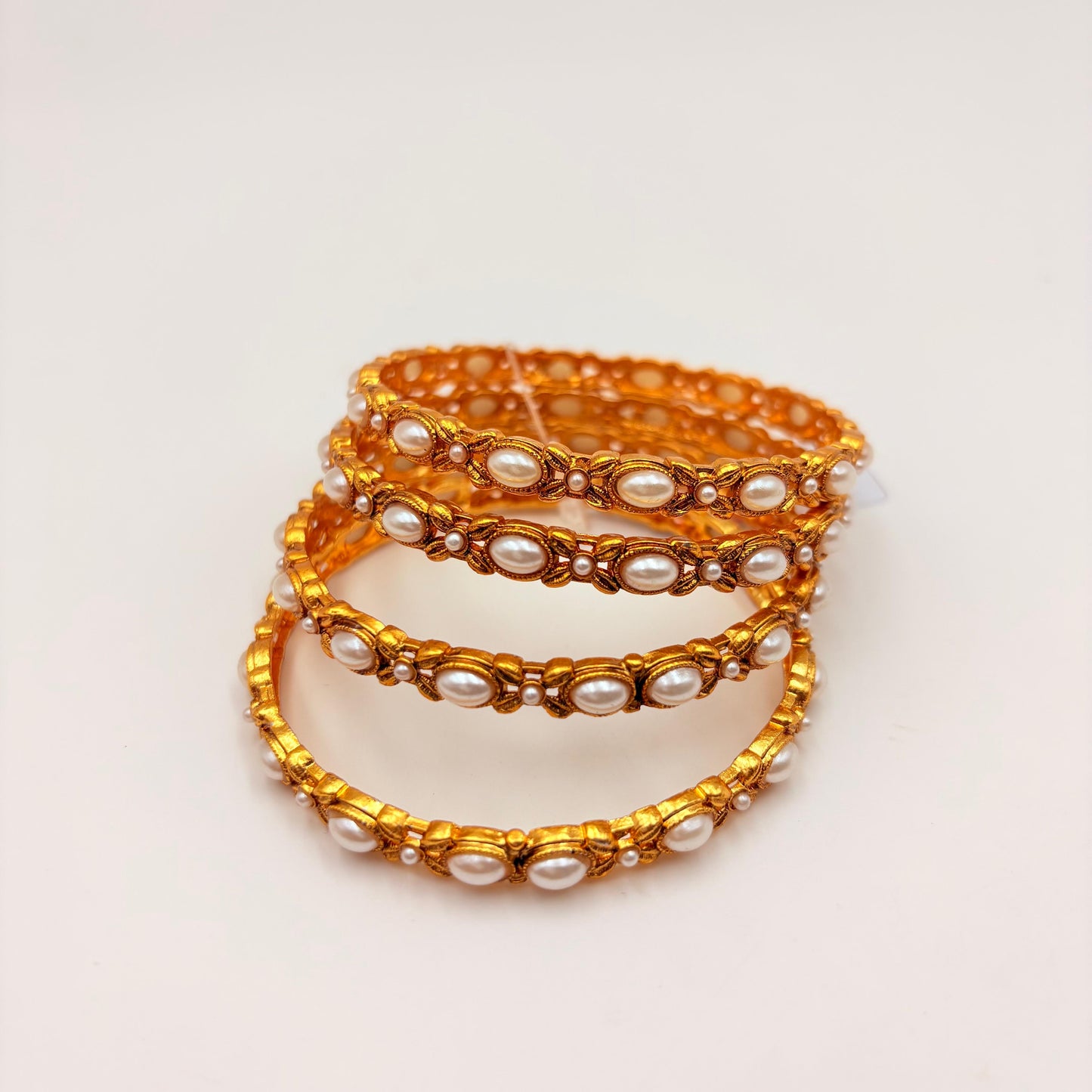 Gold-Plated Pearl Stone Traditional Bangles – Elegant Bridal & Festive Wear (Set of 4)