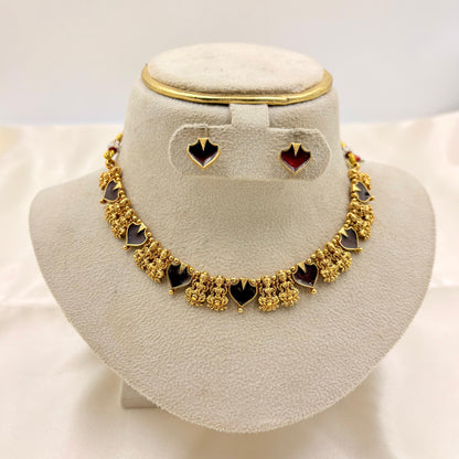 Antique Gold-Plated Red Stone Necklace Set with Temple-Style Drops | Traditional Jewellery for Women