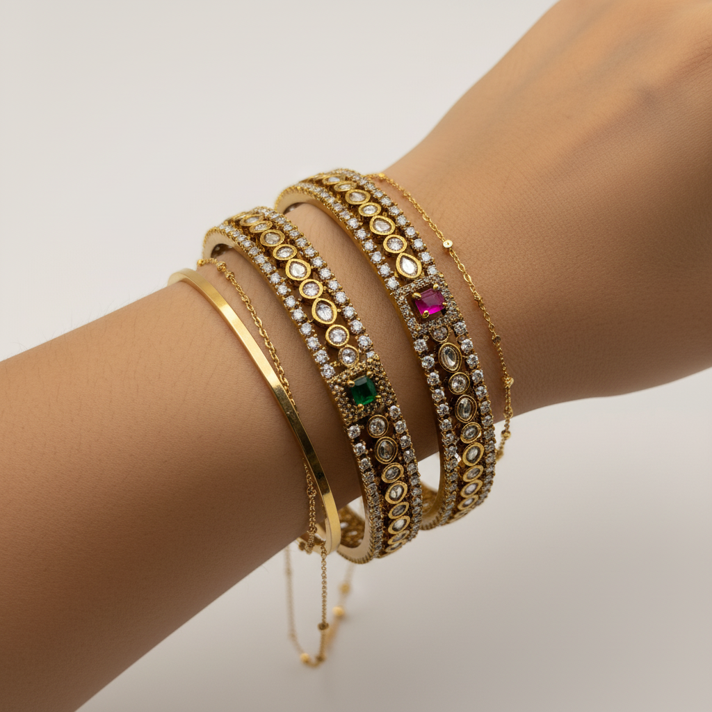 Kundan Stone Embellished Gold Bangles with Ruby & Emerald Accents – Premium Designer Bangle Set (Set of 2)