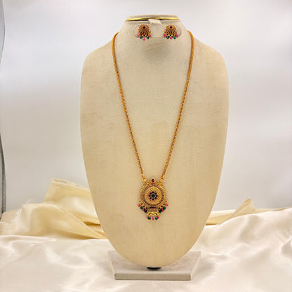 Traditional Gold Finish Long Necklace with Round Pendant & Stud Earrings