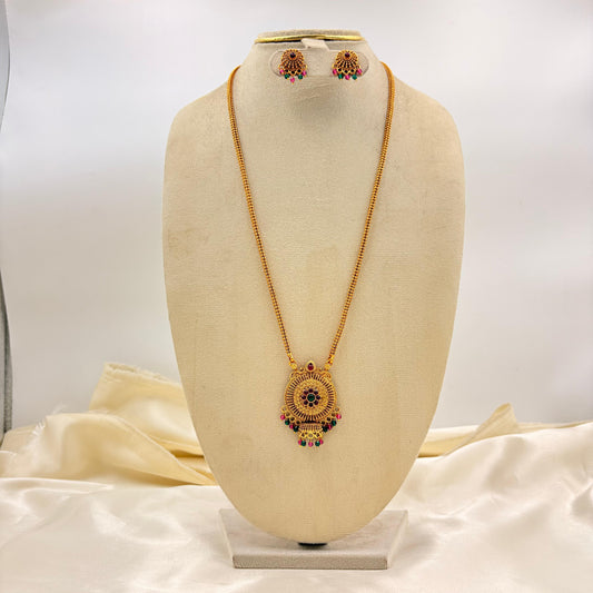Traditional Gold Finish Long Necklace with Round Pendant & Stud Earrings