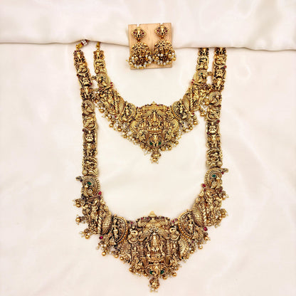 Grand Lakshmi Temple Bridal Jewellery Set – Antique Gold Long Haram Necklace with Jhumka Earrings