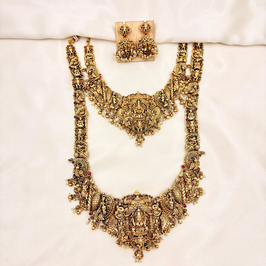 Grand Lakshmi Temple Bridal Jewellery Set – Antique Gold Long Haram Necklace with Jhumka Earrings