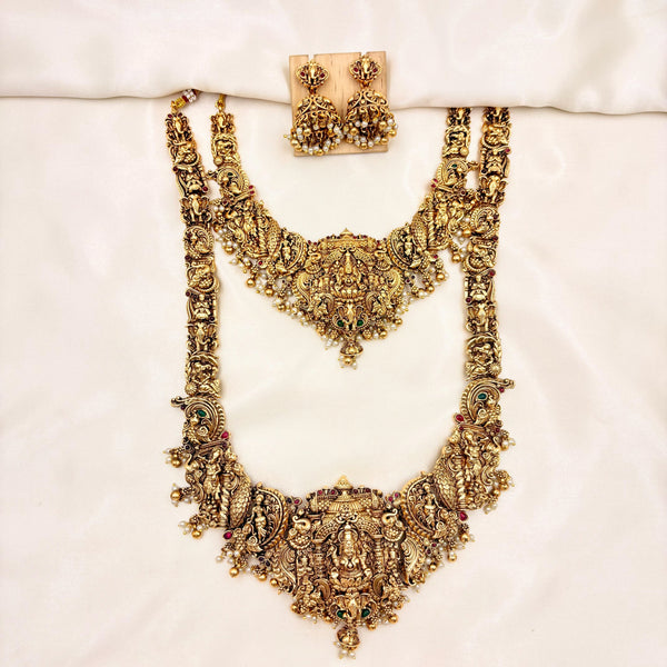 Grand Lakshmi Temple Bridal Jewellery Set – Antique Gold Long Haram Necklace with Jhumka Earrings