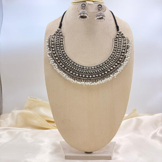 Oxidised Silver Pearl Fringe Choker Necklace Set with Jhumka Earrings