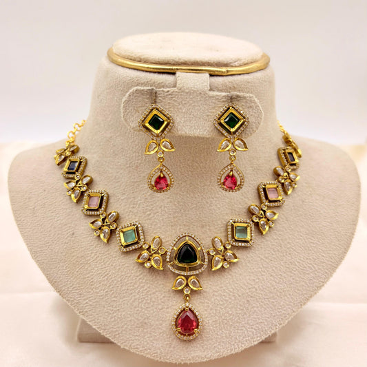 Premium Multicolour Stone Kundan Necklace Set with Earrings | Festive & Bridal Jewellery