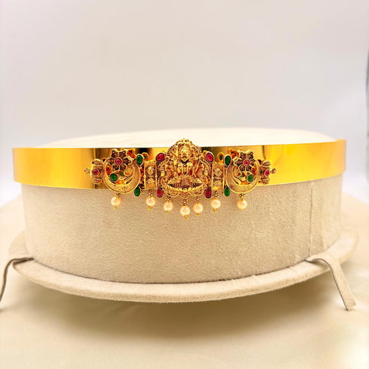 Bridal Lakshmi Temple Vaddanam – Antique Gold Finish with Pearl Drops