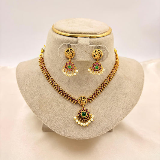 Lakshmi Temple Necklace Set with Ruby Stones & Pearl Drops – Gold Finish