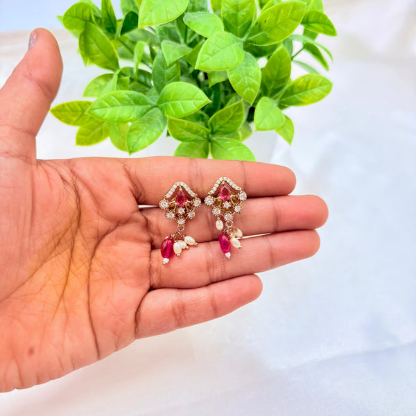 Ruby Pink Stone Pearl Drop Earrings